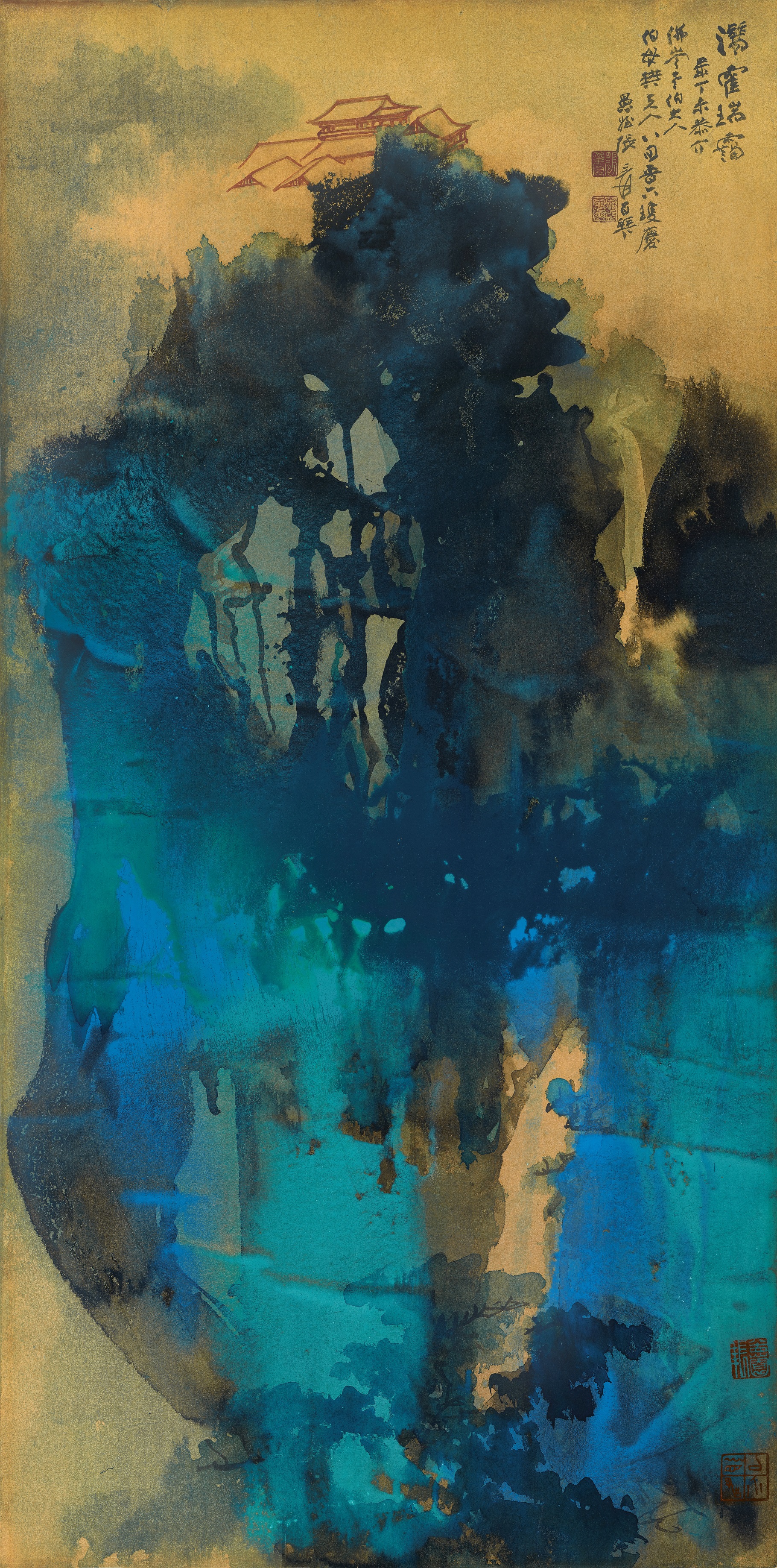 Zhang Daqian's "Lush Mountains in Misty Gleam" 1967 splashed ink and colour on gold paper, framed 128.2cm by 63.5cm. Estimate upon request.